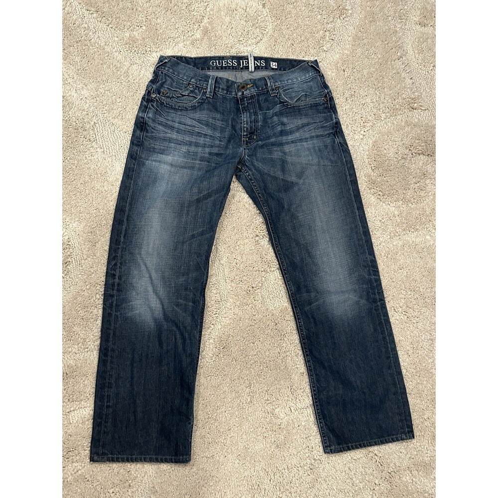 GUESS Jeans Mens 34x32 Blue Rebel Straight Leg Denim Logo Medium Wash